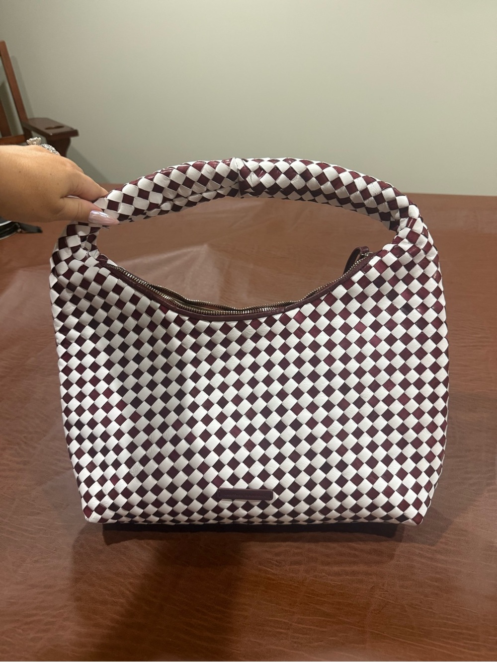 Loeffler Randall Woven Checker Hobo in Burgundy and White